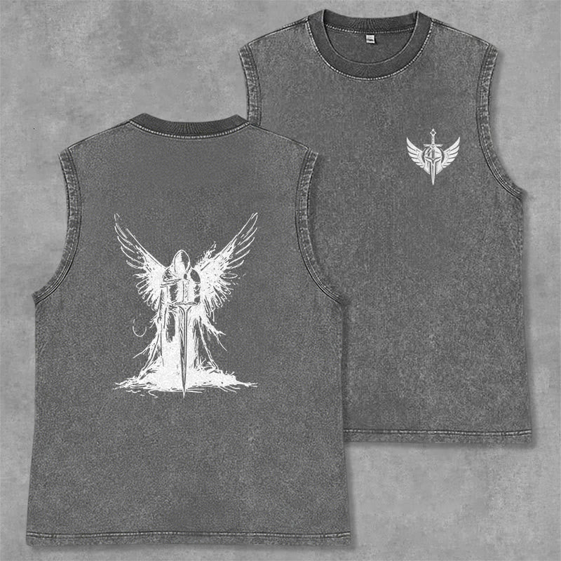 Christianartworkshop Débardeur unisexe lavé à motif ange guerrier et épée - Gris - 2XL - image 0