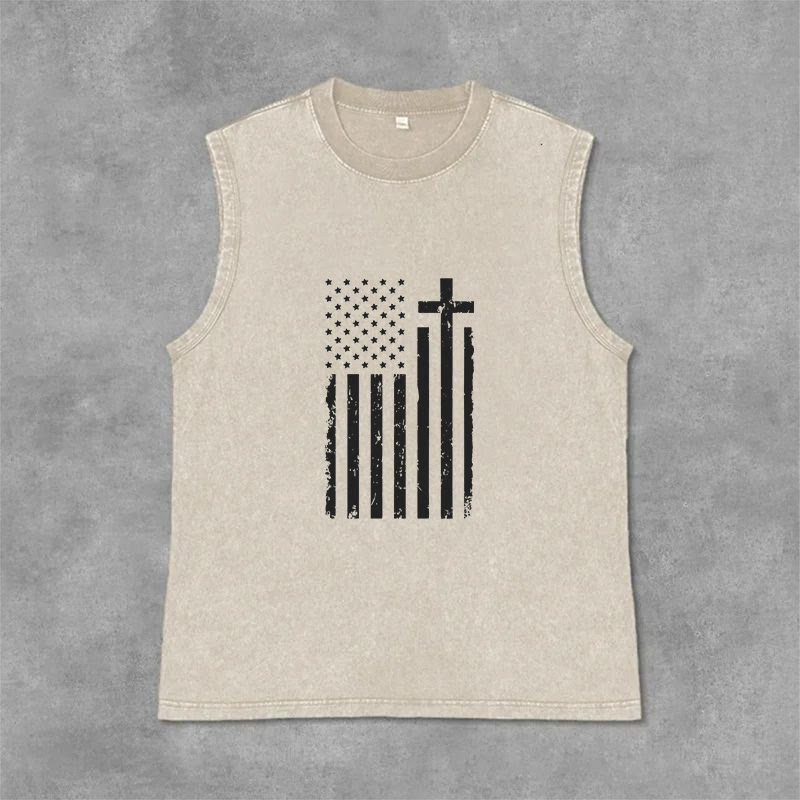 Christianartworkshop Débardeur délavé patriotique drapeau américain et croix - Beige - 2XL - image 9