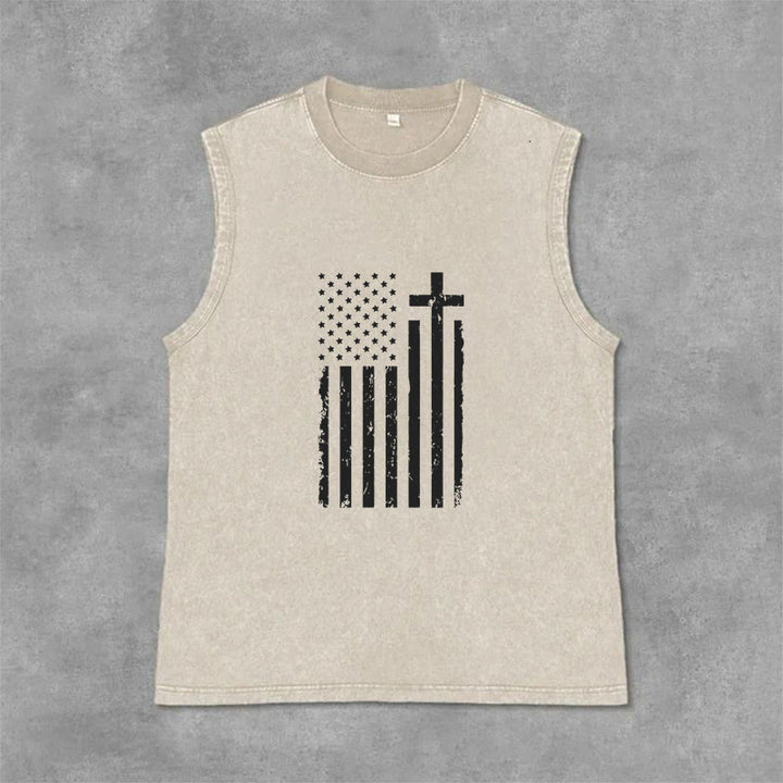 Christianartworkshop Débardeur délavé patriotique drapeau américain et croix - Beige - 2XL - image 9