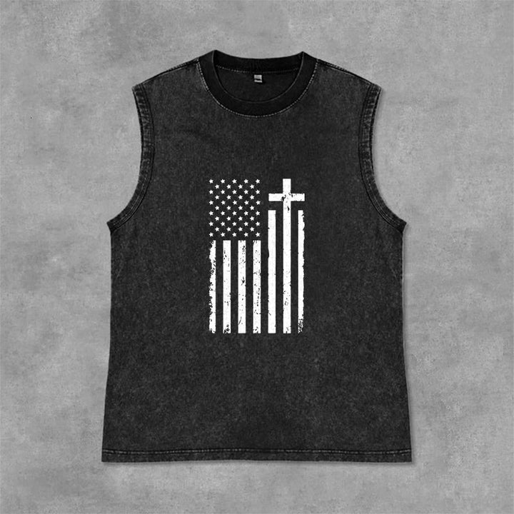Christianartworkshop Débardeur délavé patriotique drapeau américain et croix - Noir - 2XL - image 3