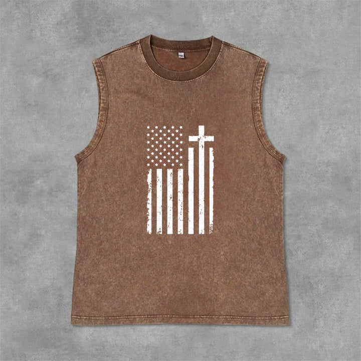 Christianartworkshop Débardeur délavé patriotique drapeau américain et croix - Brun - 2XL - image 0