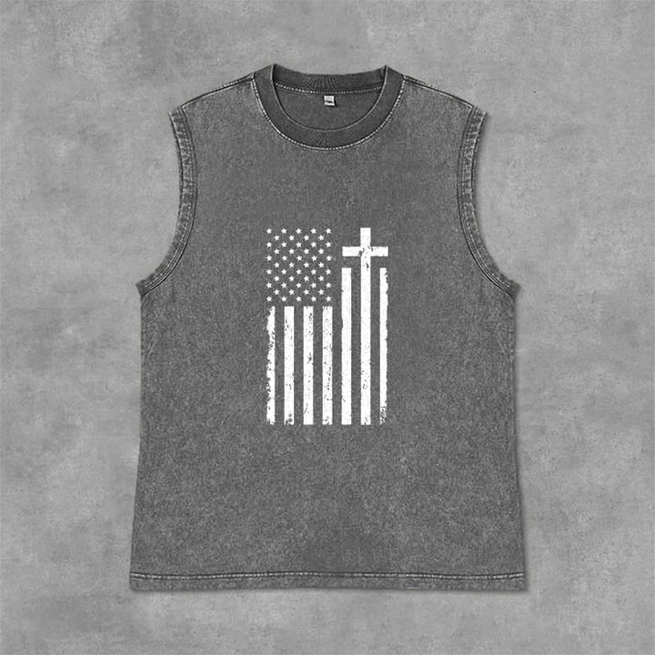 Christianartworkshop Débardeur délavé patriotique drapeau américain et croix - Gris - 2XL - image 6