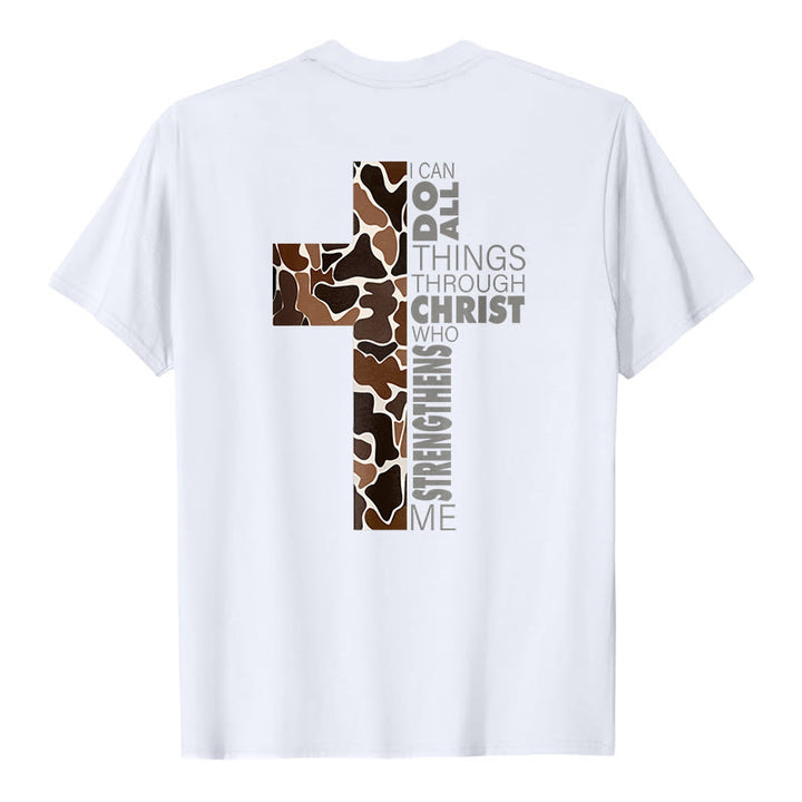 T-shirt chrétien Christianartworkshop avec motif de croix camouflage et verset Philippiens 4:13 - image 1