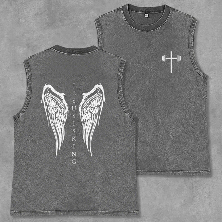Christianartworkshop Débardeur délavé avec ailes d'ange « Jésus est roi » - Gris - 2XL - image 7