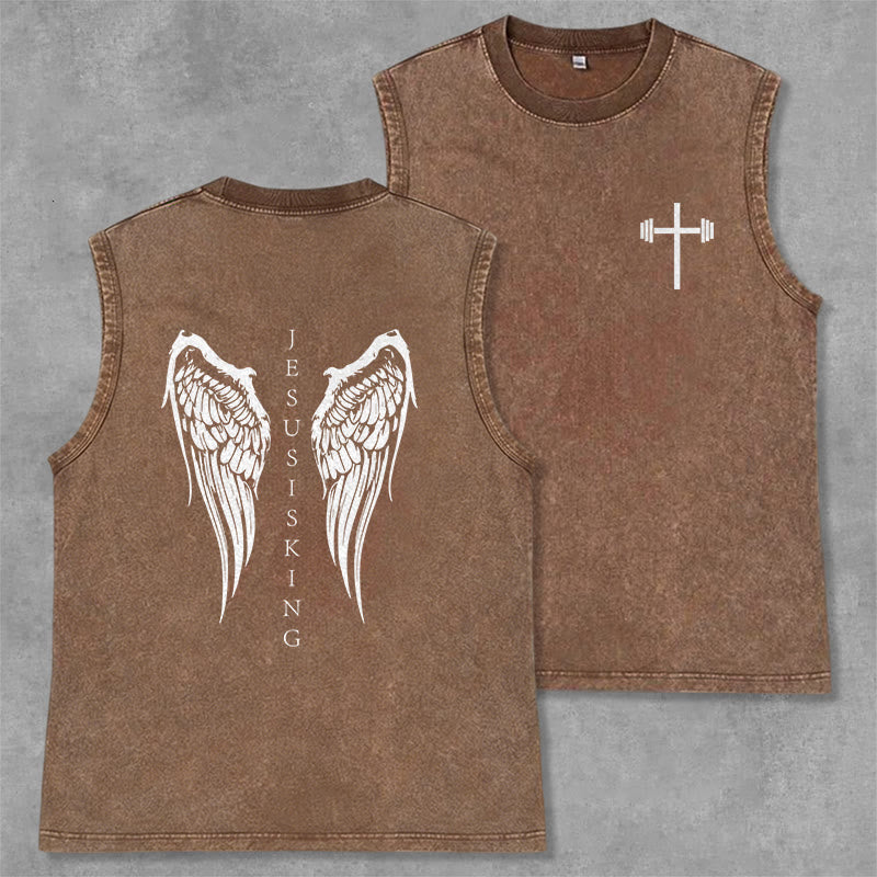 Christianartworkshop Débardeur délavé avec ailes d'ange « Jésus est roi » - Brun - 2XL - image 28