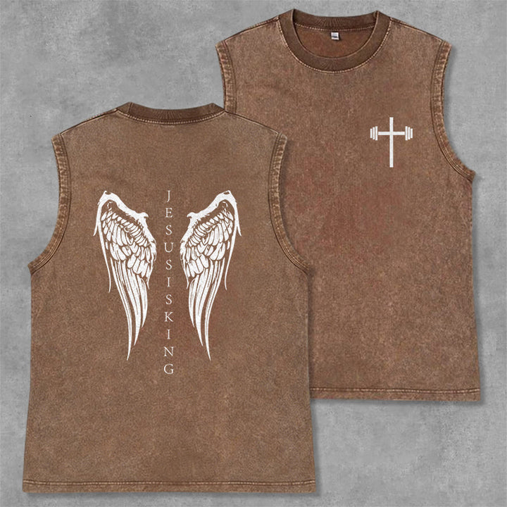 Christianartworkshop Débardeur délavé avec ailes d'ange « Jésus est roi » - Brun - 2XL - image 28