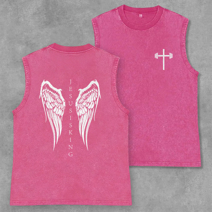 Christianartworkshop Débardeur délavé avec ailes d'ange « Jésus est roi » - Rose - 2XL - image 21