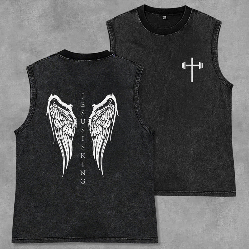 Christianartworkshop Débardeur délavé avec ailes d'ange « Jésus est roi » - Noir - 2XL - image 0