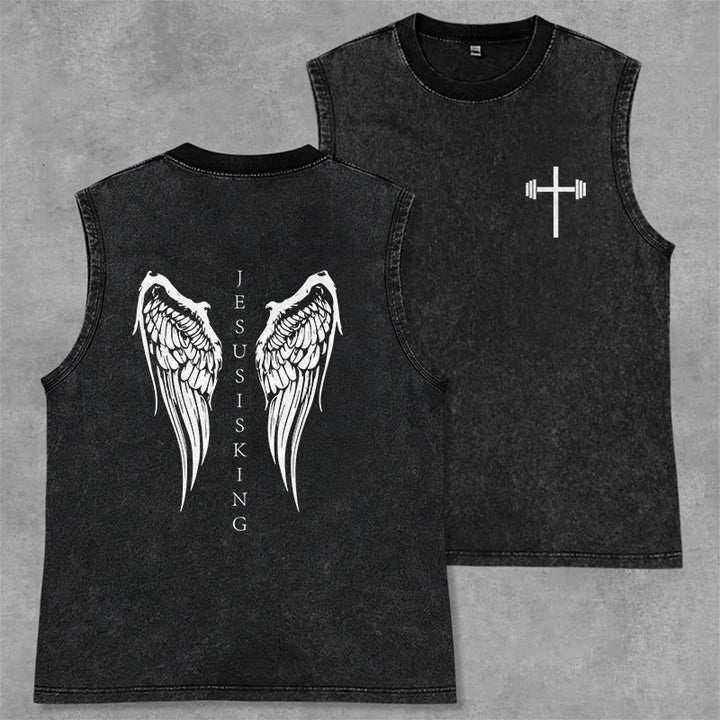 Christianartworkshop Débardeur délavé avec ailes d'ange « Jésus est roi » - Noir - 2XL - image 0