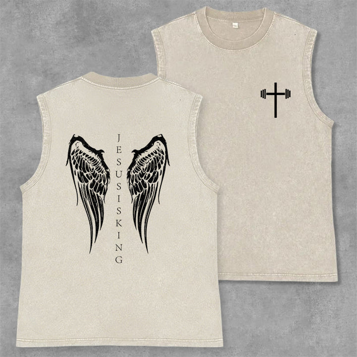Christianartworkshop Débardeur délavé avec ailes d'ange « Jésus est roi » - Beige - 2XL - image 14