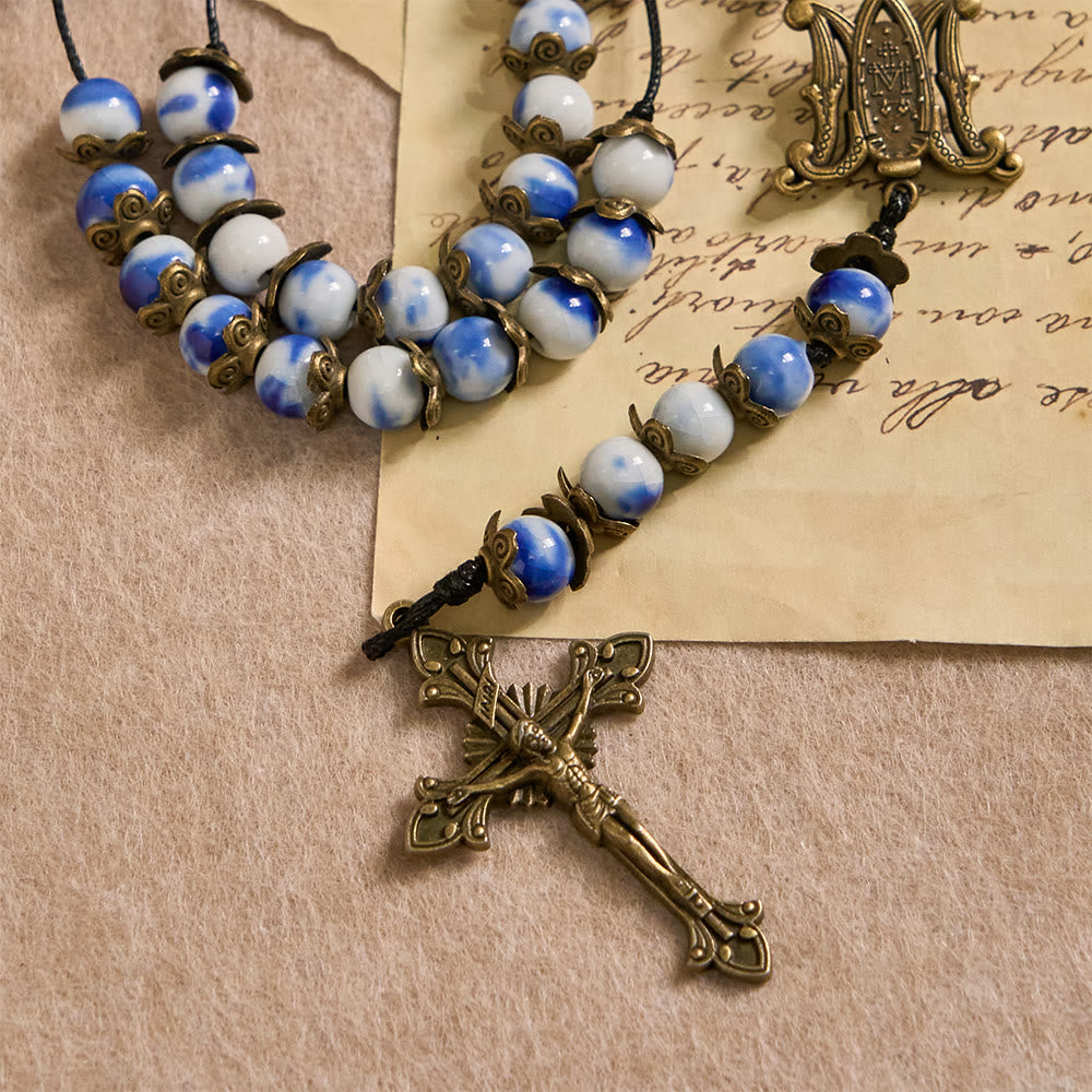 Christianartworkshop Chapelet bleu et blanc à perles avec médaille miraculeuse : un gage de l'intercession divine - image 8