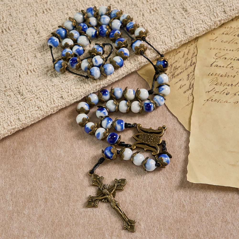 Christianartworkshop Chapelet bleu et blanc à perles avec médaille miraculeuse : un gage de l'intercession divine - image 3