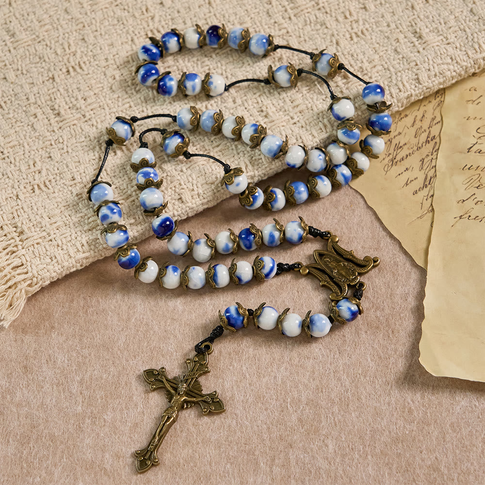 Christianartworkshop Chapelet bleu et blanc à perles avec médaille miraculeuse : un gage de l'intercession divine - Médaille miraculeuse et crucifix - image 0