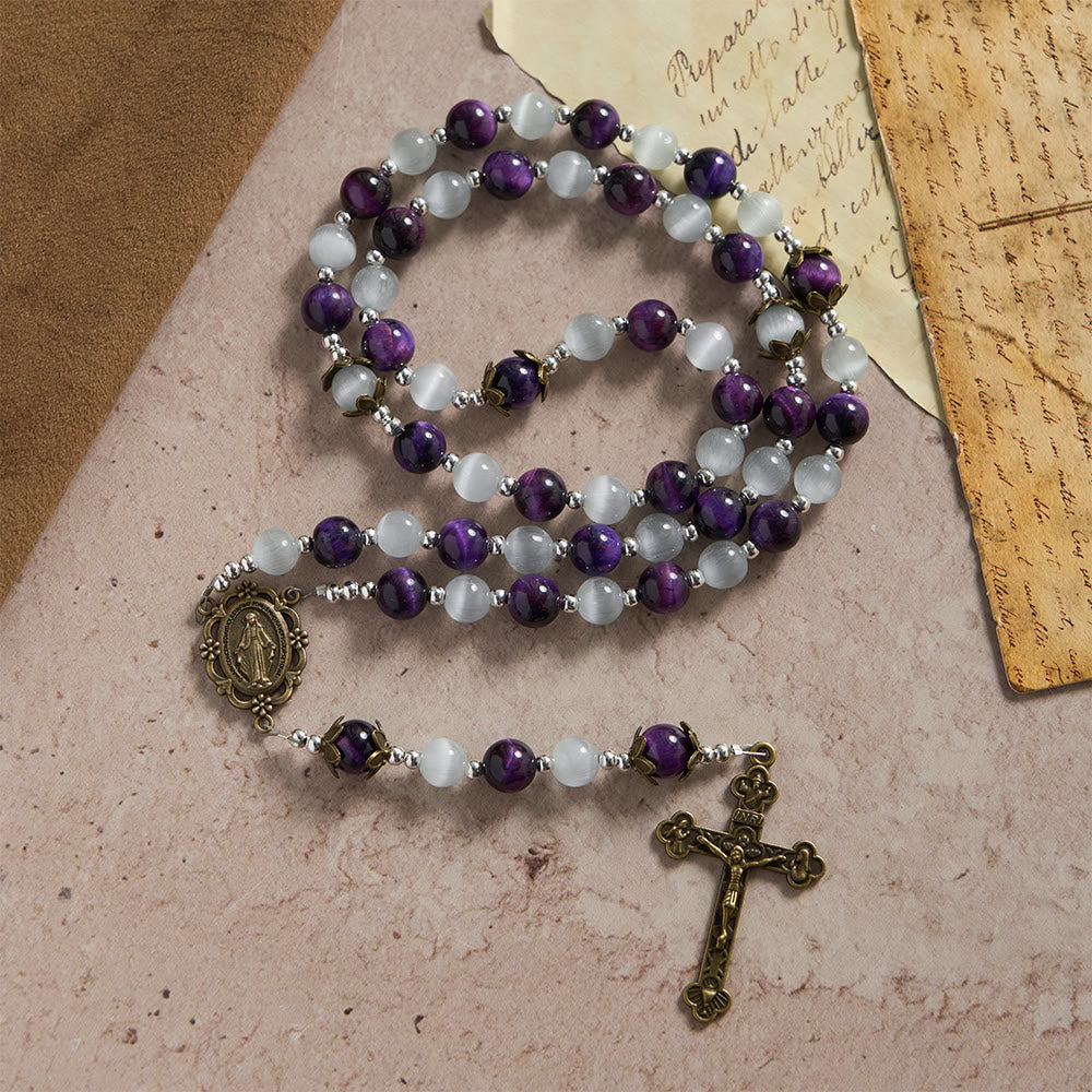 Christianartworkshop Chapelet à perles œil-de-chat avec médaille de Marie : symbole de la protection divine et de la foi - image 3