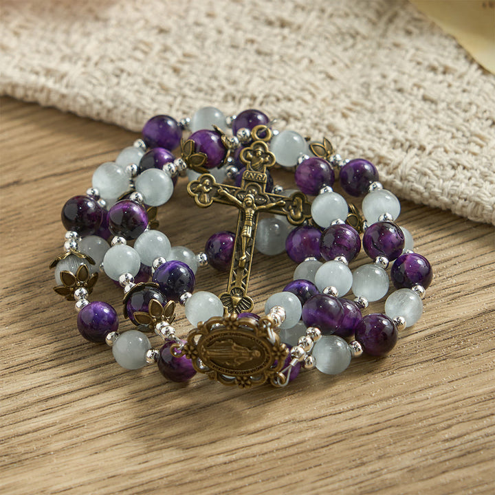 Christianartworkshop Chapelet à perles œil-de-chat avec médaille de Marie : symbole de la protection divine et de la foi - image 5