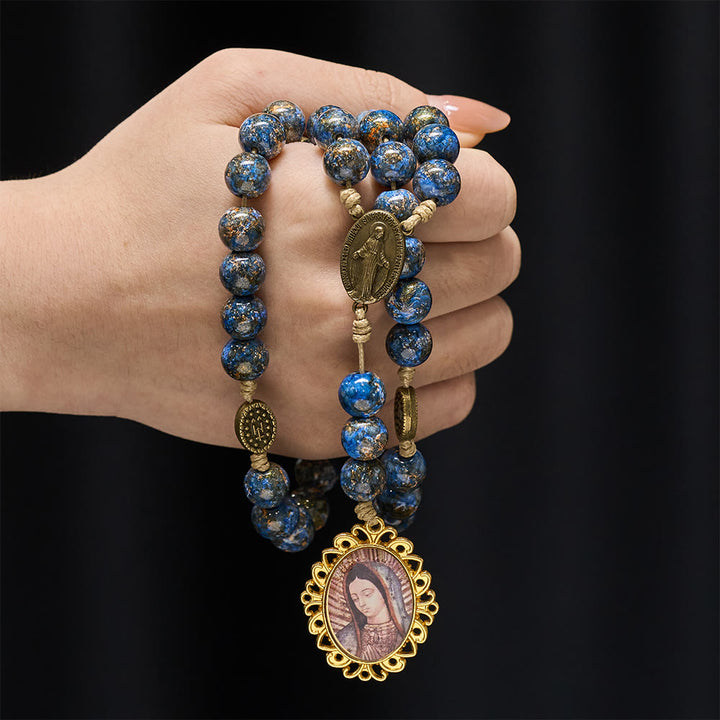 Christianartworkshop Chapelet des Sept Douleurs de la Vierge Marie avec perles peintes à l'huile bleue et médaille de la Vierge Marie - image 1