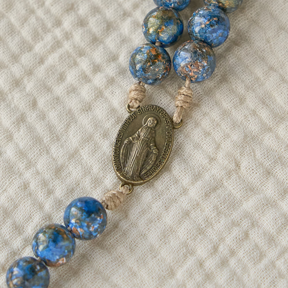 Christianartworkshop Chapelet des Sept Douleurs de la Vierge Marie avec perles peintes à l'huile bleue et médaille de la Vierge Marie - image 4