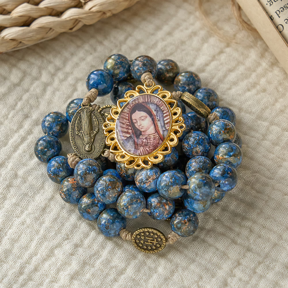Christianartworkshop Chapelet des Sept Douleurs de la Vierge Marie avec perles peintes à l'huile bleue et médaille de la Vierge Marie - image 3