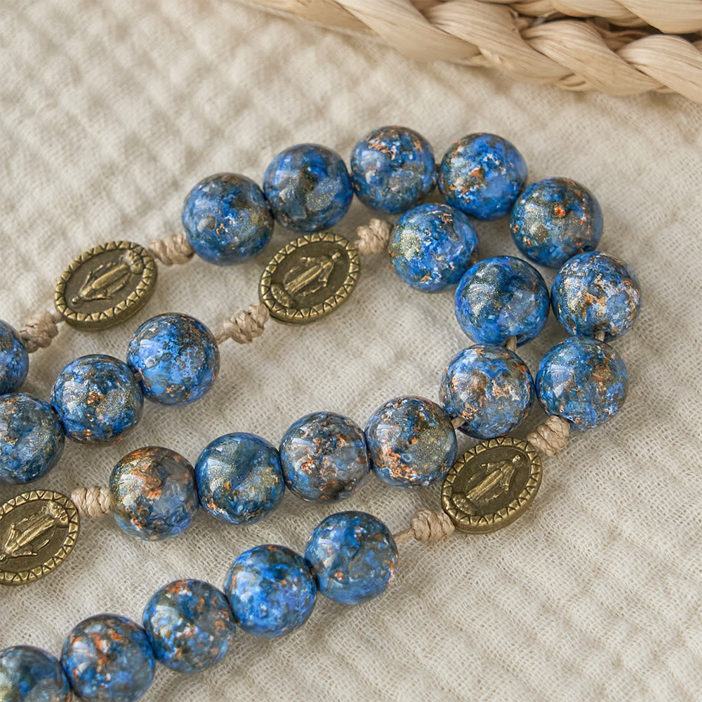 Christianartworkshop Chapelet des Sept Douleurs de la Vierge Marie avec perles peintes à l'huile bleue et médaille de la Vierge Marie - image 6