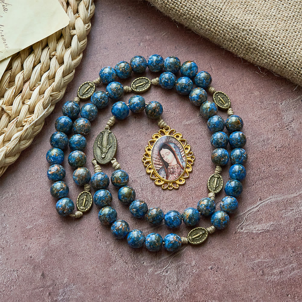 Christianartworkshop Chapelet des Sept Douleurs de la Vierge Marie avec perles peintes à l'huile bleue et médaille de la Vierge Marie - Chapelet des Sept Douleurs - image 0