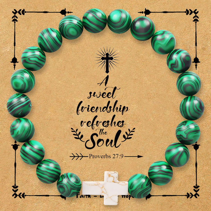 Christianartworkshop Bracelet croix en pierre naturelle avec carte Proverbes 27:9 : Symbole d’amitié et de grâce divines - Malachite - image 5