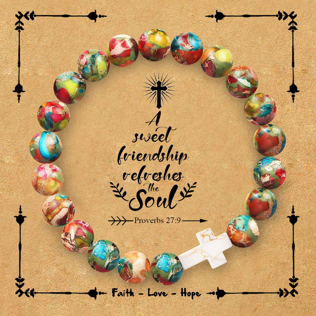 Christianartworkshop Bracelet croix en pierre naturelle avec carte Proverbes 27:9 : Symbole d’amitié et de grâce divines - Pierre de l'Empereur - image 0