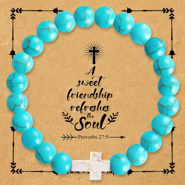 Christianartworkshop Bracelet croix en pierre naturelle avec carte Proverbes 27:9 : Symbole d’amitié et de grâce divines - Turquoise - image 15