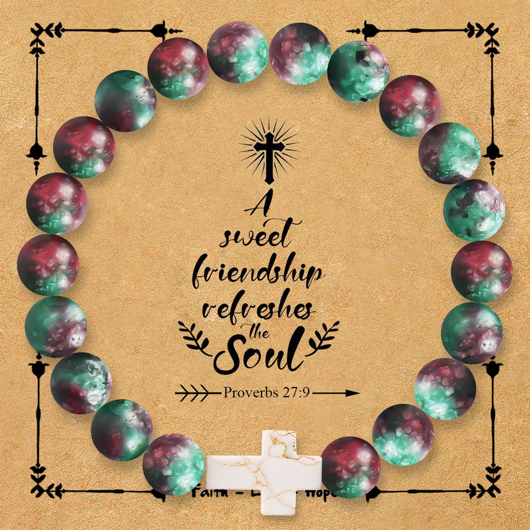Christianartworkshop Bracelet croix en pierre naturelle avec carte Proverbes 27:9 : Symbole d’amitié et de grâce divines - Jade rouge - image 9