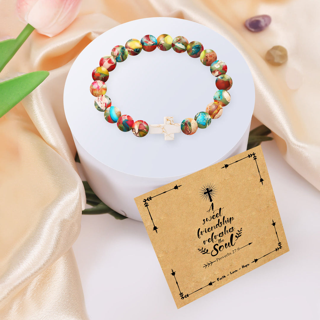 Christianartworkshop Bracelet croix en pierre naturelle avec carte Proverbes 27:9 : Symbole d’amitié et de grâce divines - image 2