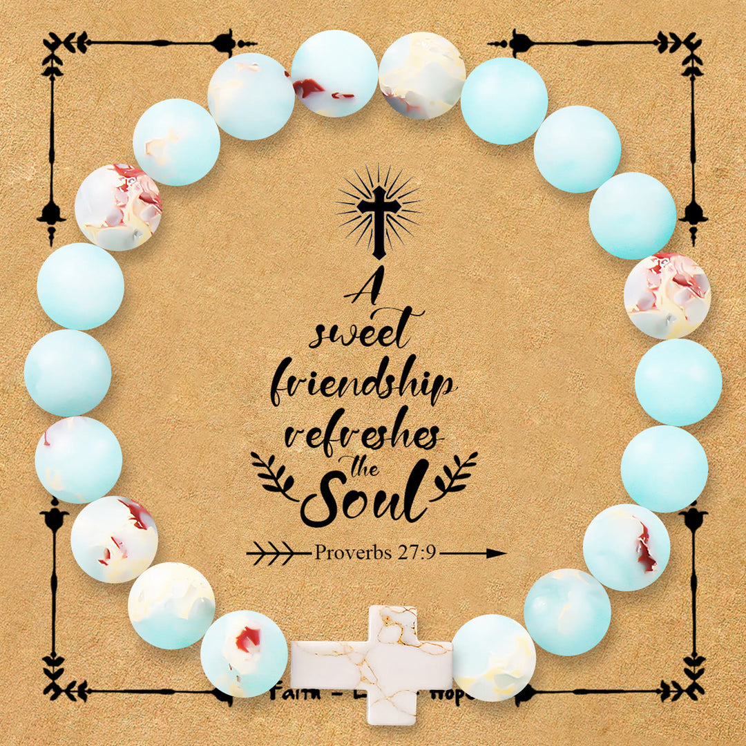Christianartworkshop Bracelet croix en pierre naturelle avec carte Proverbes 27:9 : Symbole d’amitié et de grâce divines - Agalmatolite - image 18
