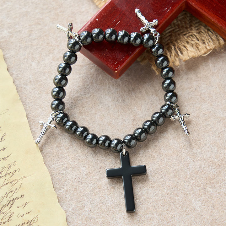 Christianartworkshop Bracelet croix en perles d'hématite avec breloques mini crucifix : symbole de protection divine et de foi - image 3