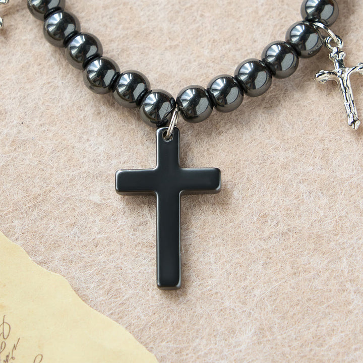 Christianartworkshop Bracelet croix en perles d'hématite avec breloques mini crucifix : symbole de protection divine et de foi - image 5