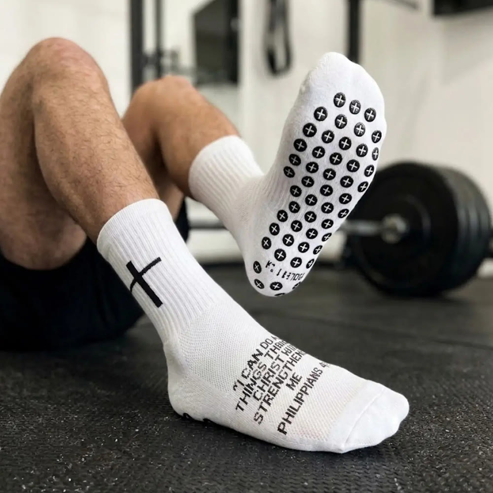 Christianartworkshop Chaussettes de football antidérapantes ornées de versets bibliques : PHILIPPIENS 4:13 et PROVERBES 3:5 - Blanc - 10 paires - image 0