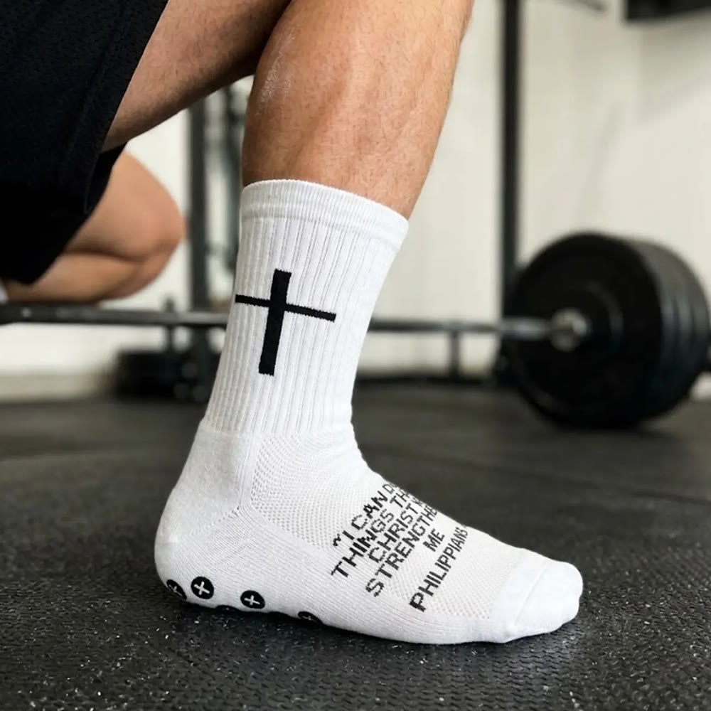 Christianartworkshop Chaussettes de football antidérapantes ornées de versets bibliques : PHILIPPIENS 4:13 et PROVERBES 3:5 - image 1