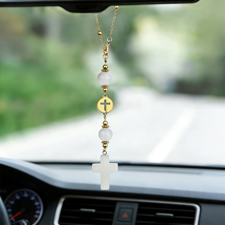 Christianartworkshop Pendentif croix en cristal naturel avec chaîne à billes dorées : un accessoire sacré pour chaque trajet. - Agate blanche - image 14