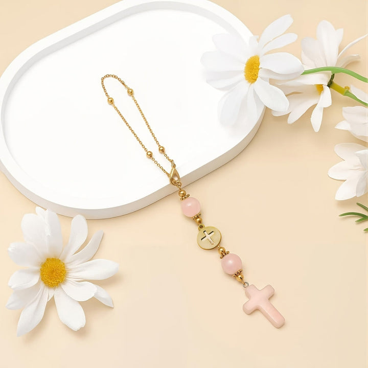 Christianartworkshop Pendentif croix en cristal naturel avec chaîne à billes dorées : un accessoire sacré pour chaque trajet. - image 7