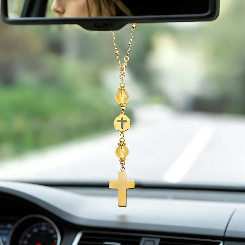 Christianartworkshop Pendentif croix en cristal naturel avec chaîne à billes dorées : un accessoire sacré pour chaque trajet. - Cristal jaune - image 11