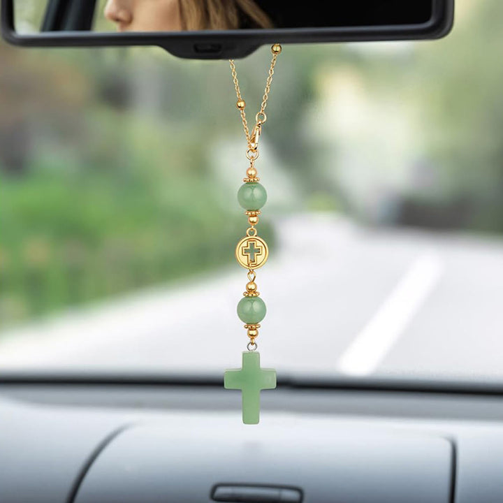 Christianartworkshop Pendentif croix en cristal naturel avec chaîne à billes dorées : un accessoire sacré pour chaque trajet. - Aventurine verte - image 8