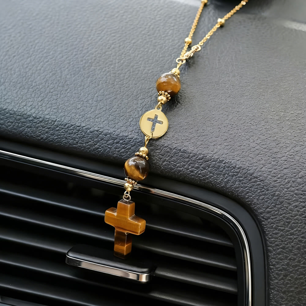 Christianartworkshop Pendentif croix en cristal naturel avec chaîne à billes dorées : un accessoire sacré pour chaque trajet. - image 1