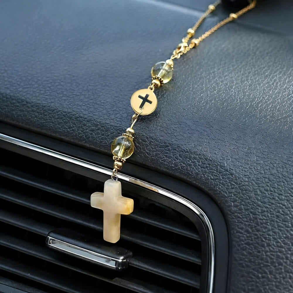 Christianartworkshop Pendentif croix en cristal naturel avec chaîne à billes dorées : un accessoire sacré pour chaque trajet. - image 12