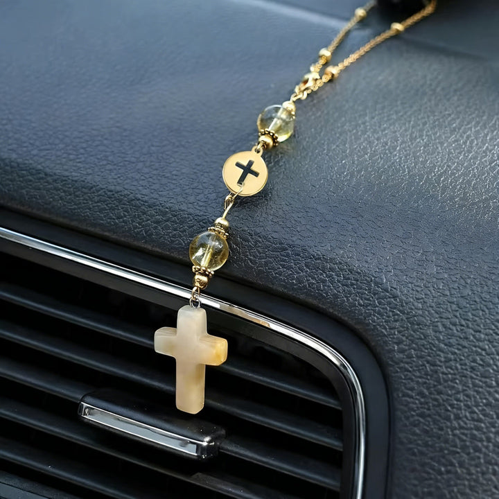 Christianartworkshop Pendentif croix en cristal naturel avec chaîne à billes dorées : un accessoire sacré pour chaque trajet. - image 12