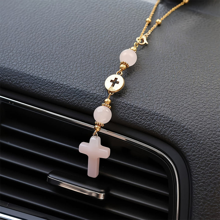 Christianartworkshop Pendentif croix en cristal naturel avec chaîne à billes dorées : un accessoire sacré pour chaque trajet. - image 3