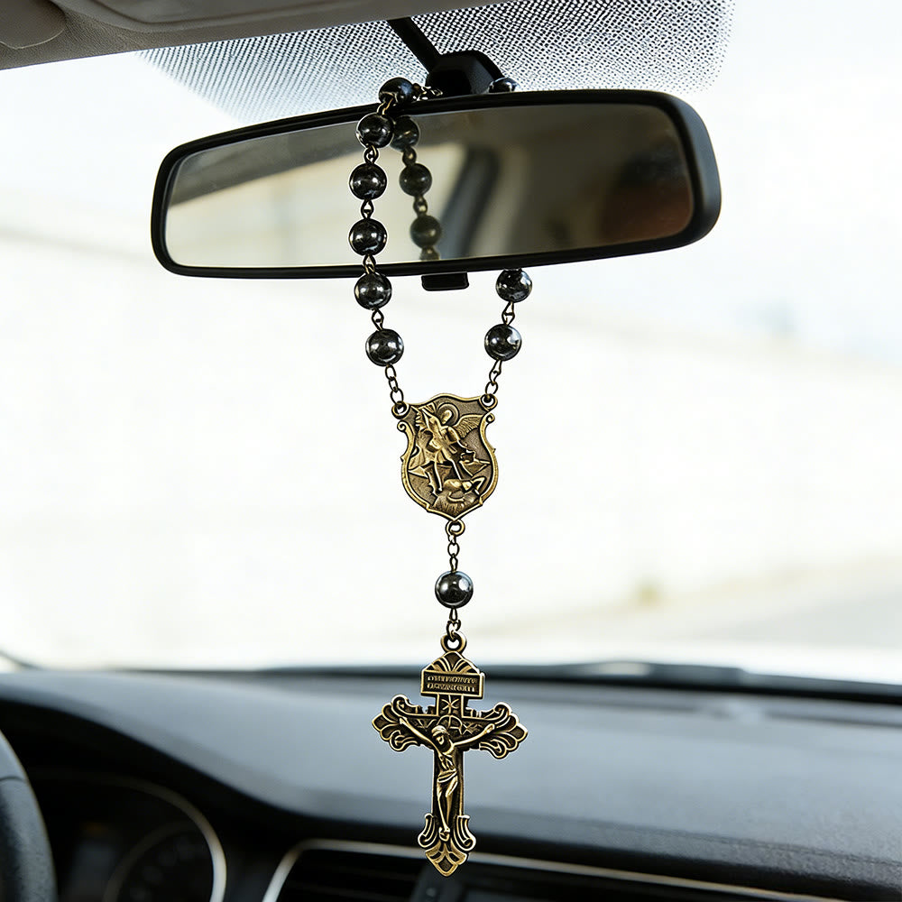Pendentif de voiture en perle d'hématite avec médaille de Saint Michel et crucifix, créé par Christianartworkshop : un cadeau de protection et de force célestes. - image 0