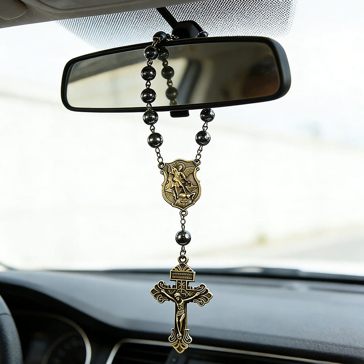 Pendentif de voiture en perle d'hématite avec médaille de Saint Michel et crucifix, créé par Christianartworkshop : un cadeau de protection et de force célestes. - image 0