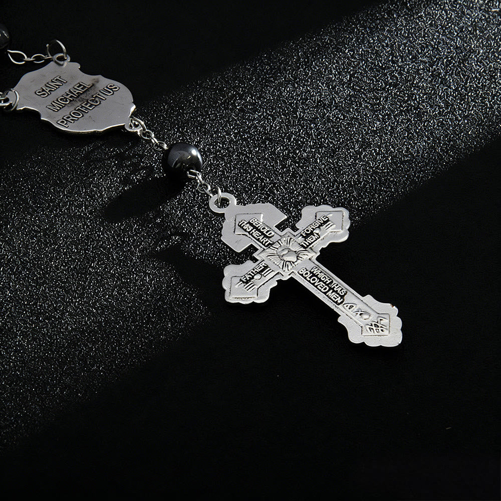 Pendentif de voiture en perle d'hématite avec médaille de Saint Michel et crucifix, créé par Christianartworkshop : un cadeau de protection et de force célestes. - image 6