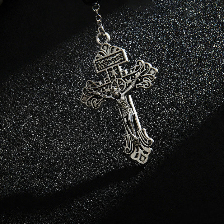 Pendentif de voiture en perle d'hématite avec médaille de Saint Michel et crucifix, créé par Christianartworkshop : un cadeau de protection et de force célestes. - image 7