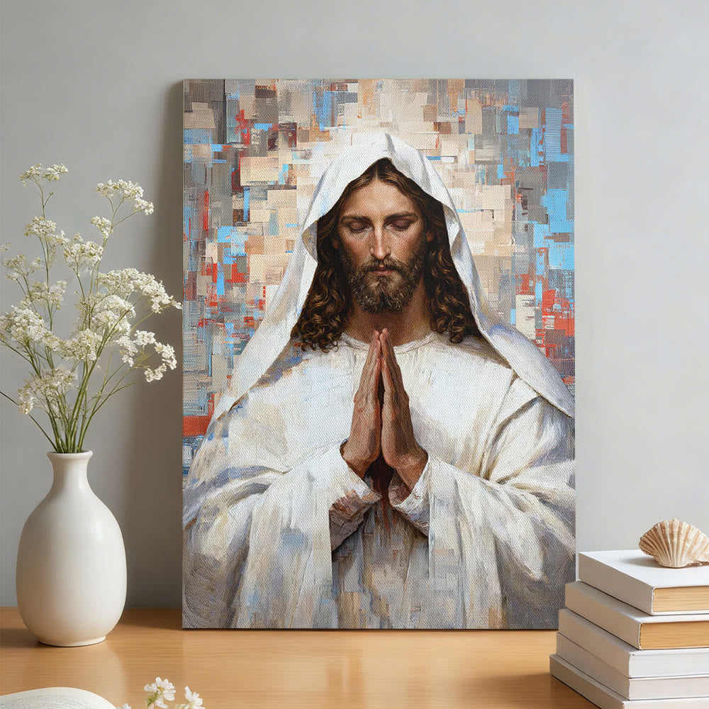 Christianartworkshop Tableau mural sur toile représentant Jésus en prière divine : Portrait du Christ serein en prière - Tableau sur toile encadré - 13,77 po * 19,58 po * 0,7 po / 35 * 50 * 1,8 cm - image 0