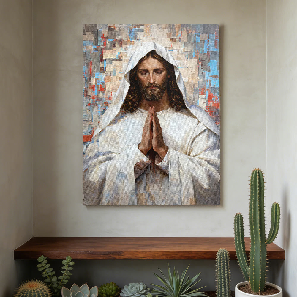 Christianartworkshop Tableau mural sur toile représentant Jésus en prière divine : Portrait du Christ serein en prière - image 1
