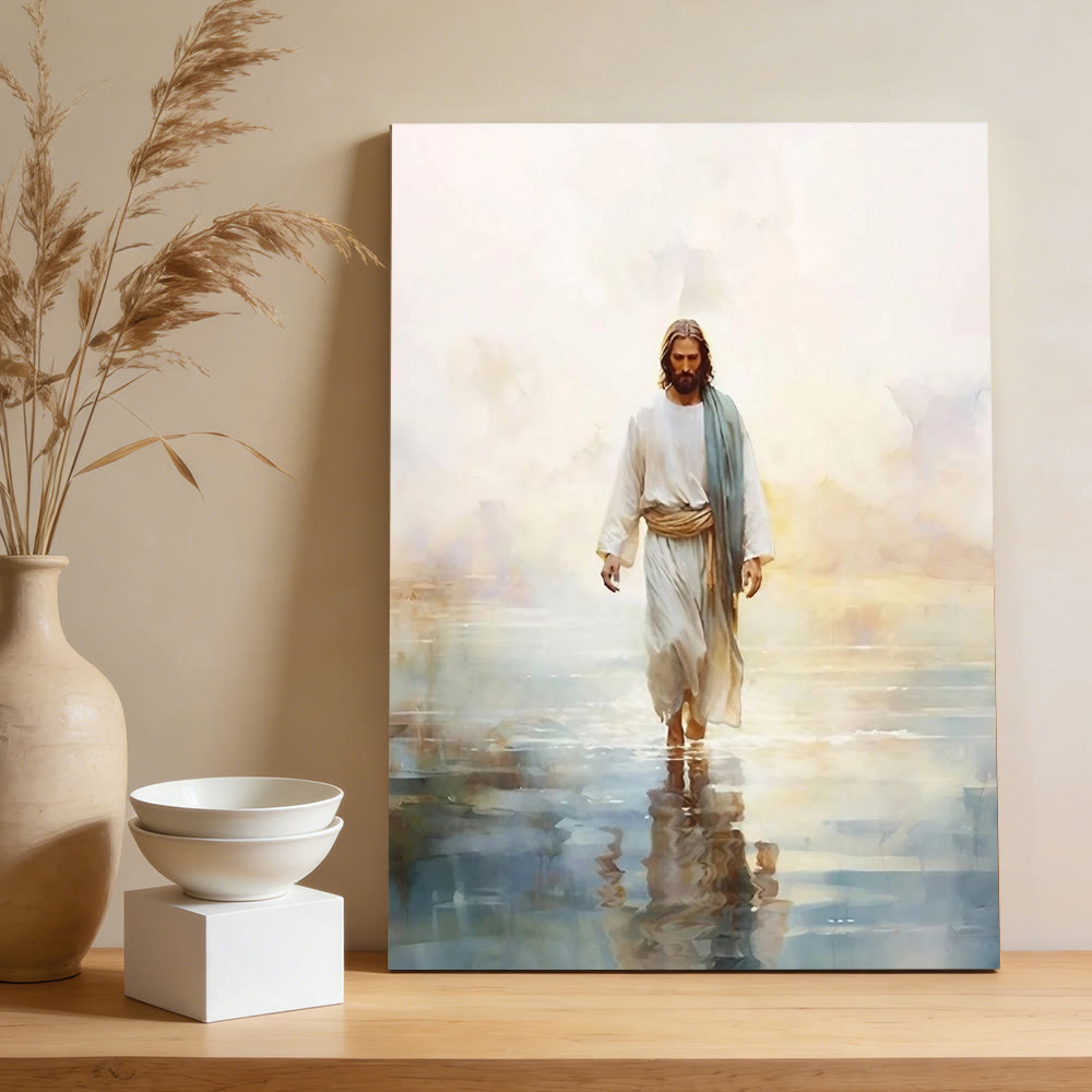 Christianartworkshop Affiche murale représentant le Christ serein sur l'eau : un symbole de courage et de confiance célestes - Tableau sur toile encadré - 13,77 po * 19,58 po * 0,7 po / 35 * 50 * 1,8 cm - image 0