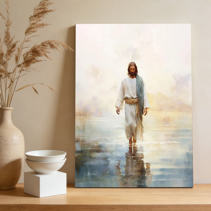 Christianartworkshop Affiche murale représentant le Christ serein sur l'eau : un symbole de courage et de confiance célestes - Tableau sur toile encadré - 13,77 po * 19,58 po * 0,7 po / 35 * 50 * 1,8 cm - image 0
